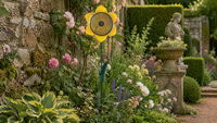 Mangeoire à oiseaux tournesol sur piquet de sol, avec plateau en maille décoratif en forme de feuille, en fer, pour oiseaux sauvages, décoration de jardin et pelouse, style antique, écologique
