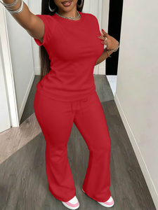 Ensemble pantalon évasé pour femmes grandes tailles, t-shirt à manches courtes et pantalon taille haute coupe bootcut, <span class=keywords><strong>tenue</strong></span> 2 pièces pour femmes courbes - Product Image 5