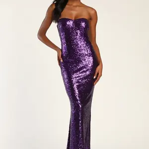 2023 Custom Purple Sequin Strapless Mermaid Maxi Dress For Women