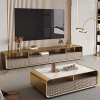 Ensemble meuble TV et table basse de style italien de luxe, moderne, minimaliste du milieu du siècle, pour salon de villa, en dalle de granit et MDF écologique