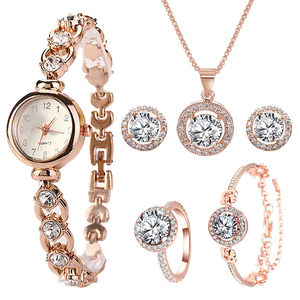 Conjunto de relojes de lujo para mujer, pulsera de cristal, pendientes, collar, reloj de pulsera informal de cuarzo - Product Image 1