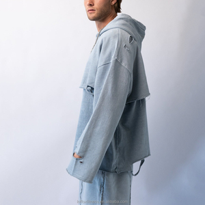Produttore Personalizzato di Abbigliamento Moda Taglie Forti, Felpa Spessa 100% Cotone Foderata Anti-Pilling, Vestibilità Ampia, Modello Due-in-uno, Taglio Girocollo, Effetto Distressed e Orlo Grezzo - Product Image 2