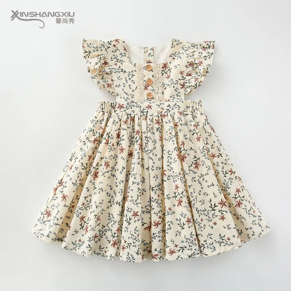 High quality kids dress casual party pinafore flower dress ruffle shoulder floral baby girl's dresses