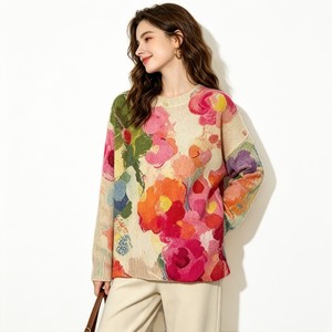Maglione da Donna OEM ODM con Stampa Floreale Vintage ad Acquerello, Spalle Scivolate, Oversize, Collo Tondo, Casual, Maniche Lunghe - Product Image 3