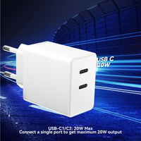 Chargeur mural OEM noir ultra-plat USB Type-C double PD20W à charge rapide 40W avec prises US/EU/UK/AU