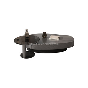 Italian Design Nesting Coffee <b>Table</b> Set <b>Walnut</b> Wood Top Oval Center <b>Table</b> Black Tempered Glass End <b>Table</b> Metal Base Home Hotel - Product Image 6