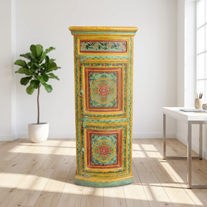 Armoire de rangement vintage en bois de manguier massif peint, 2 portes, 1 tiroir, pour chambre, salon, hôtel, ferme, artisanale - Product Image 1