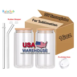 USA Warehouse 16 oz 16ozプレドリルホール二重壁スノーグローブガラスビール缶ブランク昇華スノーグローブマグタンブラーカップ