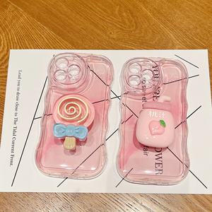 Funda de teléfono TPU con borde ondulado transparente Rosa INS con soporte de jugo de melocotón placa ondulada <span class=keywords><strong>azúcar</strong></span> para iPhone 17 Pro Max Plus transparente - Product Image 2