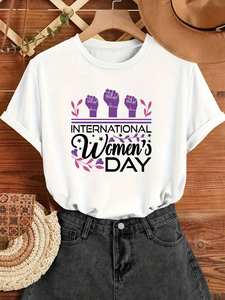 T-shirt da donna Luokeren per la Giornata Internazionale della Donna, girocollo, manica corta, stampata, casual, in tessuto 100% poliestere lavorato a maglia - Product Image 3