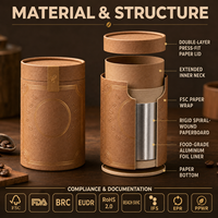 Caja de Cilindro Biodegradable para Empaque de Café en Tubo de Papel Kraft Personalizado OEM con Revestimiento de Papel de Aluminio, Certificación FSC, FDA y BRC