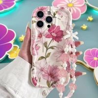 Coque de téléphone transparente à motif floral pleine surface avec bracelet tendance et chaîne pour iPhone 14 15 16 17 PRO MAX