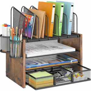 4-Tier Mesh Modern Foldable Desk Organizer Wooden File Holder With 5 Vertical Holders 2 <b>Pen</b> Holders for Living Room School Use - Product Image 1