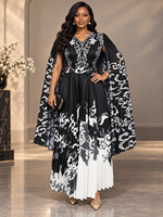 Nouvelle Arrivée 2026 – Robe Longue Plissée Élégante Noire Brodé et Imprimé avec Manches Cape pour Femme, Idéale pour Mariage et Soirée