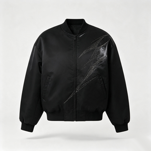 <span class=keywords><strong>Giacca</strong></span> Bomber Oversize <span class=keywords><strong>Nera</strong></span> con Strass e Motivo a Fulmine, Polsini e Orlo a Costine, Streetwear con Zip - Product Image 3