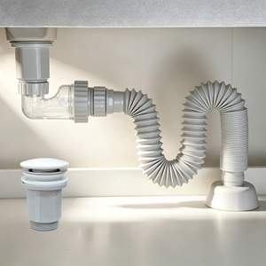 Ensemble de vidange de lavabo escamotable <span class=keywords><strong>avec</strong></span> tuyau flexible rétractable, siphon anti-odeur transparent, drain de lavabo en plastique blanc pour salle de bain - Product Image 1