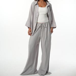 Conjunto de Dos Piezas Casual de Verano para Mujer de Alta Calidad, Cárdigan Holgado con Cinturón y Pantalones - Product Image 2