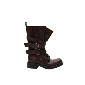 Bottes mi-mollet en cuir pour femme, style western, à boucle vintage, talon moyen, semelle épaisse, automne-hiver - Product Image 5