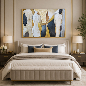 Art mural moderne, silhouettes dorées, peinture à l'huile, œuvre d'art décorative faite à la main pour la décoration de la maison, salon, design personnalisé - Product Image 1
