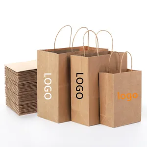 Custom brown kraft paper bag with handle, eco friendly flat handle food delivery bag, restaurant takeout takeaway bag for food