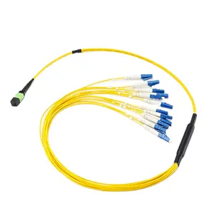 MTP/MPO to LC Fiber Optic Fanout Cable Singlemode OS2 Plenum MPO w/ pins to LC fan-out, 12 fiber, OFNR Jacket, Aqua