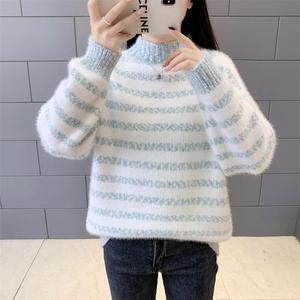 Suéter de punto grueso para mujer, cálido, holgado, de manga larga, con <span class=keywords><strong>cuello</strong></span> alto y rayas de piel, estilo dulce, para otoño e invierno - Product Image 2
