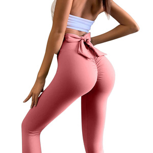Mallas de Yoga desnuda con logotipo personalizado, mallas push up de cintura alta para mujer, pantalones deportivos sexis con lazo para gimnasio y entrenamiento, ropa deportiva para correr - Product Image 1