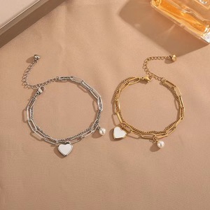Bracelet tendance pour femme en acier inoxydable double couche avec pendentif cœur, bracelet cœur en or 18 carats - Product Image 1