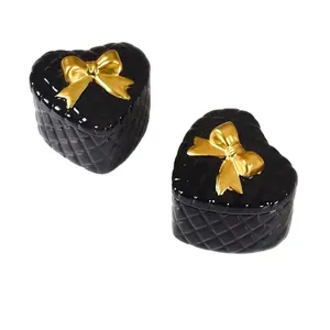 Черное сердце Валентина День матери подарок глазурованная керамическая безделушка кольцо коробка для хранения ювелирных изделий с бантом