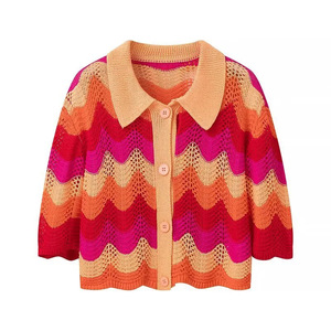 AliExpress Cross-border Summer New Casual Loose Lapel Polo Collar Single-breasted Striped Sweater Mesh Skirt Knitted Set for - Product Image 6