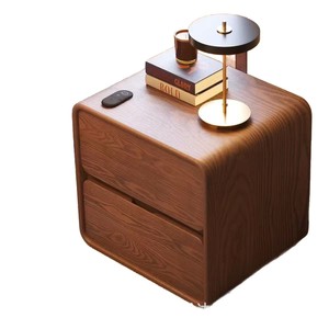 Mesita de noche de madera maciza color crema, cajón de doble capa, diseño sencillo, adecuada para apartamentos pequeños y decoración del hogar. - Product Image 5
