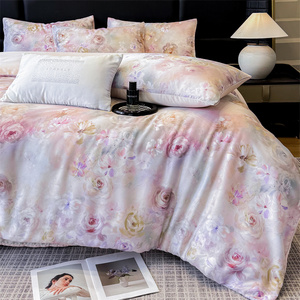 Parure de lit de luxe 4 pièces en coton 100 % certifié OEKO-TEX, motif floral, 300 fils, satiné, infroissable, entretien facile - Product Image 1