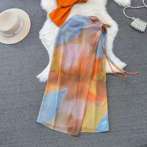 Conjunto Casual de Verano de 2 Piezas para Mujer, Top Corto Tipo Halter, Falda Estampada de Cintura Alta, Antiarrugas, Poliéster/Algodón, para Vacaciones - Product Image 3