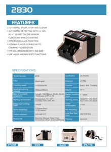 เครื่องนับธนบัตรอัตโนมัติ FJ-2830 พร้อมหน้าจอสี TFT, นับเร็ว 1000 ชิ้น/นาที, ตรวจจับธนบัตรปลอมด้วย UV MG IR สำหรับธุรกิจ - Product Image 5