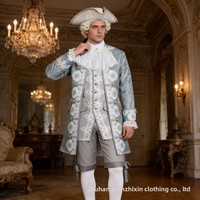 Costume de Prince de Cour Baroque Rococo pour Homme, Bleu Poussiéreux, Jacquard Floral, Brocart, Col à Volants en Dentelle, Pantalon, Tenue de Nobiles pour Cosplay