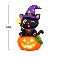 Décoration de fête d'Halloween pour extérieur et jardin : Chat noir gonflable avec citrouille et chapeau de sorcière, éclairage LED