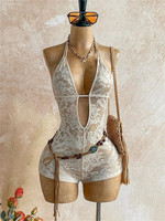 Jumpsuit moulant sexy en dentelle transparente avec empiècements, col en V profond et dos nu pour femme, nouvelle collection été Jiubaju