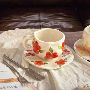 Nordic French Vintage Floral Luxury <b>Ceramic</b> Coffee Mug Saucer Set Spoon Hand Painted Underglaze Custom Logo Microwave Dishwasher - Product Image 2