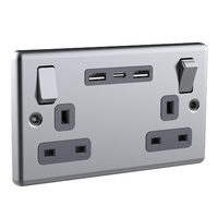 Prise murale double britannique standard BS1363 13A avec plaque métallique, 2 USB-A + USB-C 3.6A IP20
