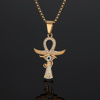 Nouveau produit RH Collier pendentif œil d'Horus Vente chaude Plaqué or 18 carats Acier inoxydable Vintage Motif ailes Ankh Bijoux de mode