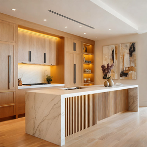 Gabinetes de Cocina Modernos Modulares de Madera Maciza con Isla, <span class=keywords><strong>Encimera</strong></span> de Mármol y Puertas de Acrílico, Almacenamiento de Despensa Personalizable - Product Image 1