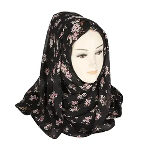 ฮิญาบผ้าชีฟองสำหรับผู้หญิง,ผ้าพันคอแฟชั่นมุสลิมพิมพ์ลายดอกไม้ฮิญาบ
