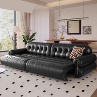Französischer Retro-Stil Schwarzes Zuckerwolken-Echtleder-Sofa mit Fernbedienung, Ausziehbar, Gerade, Elektrisch Verstellbares Schlafsofa