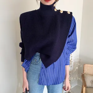 Wholesale 2022 Autumn New Niche Design High Neck Chic Side Buttons Fake Two-piece Shirt Stitching Striped Puff Sleeve Sweater