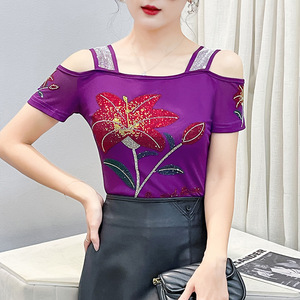 Nueva Blusa Elegante de Doble Capa <span class=keywords><strong>con</strong></span> Pedrería y Malla de Seda Helada, Manga Corta, Hombros Descubiertos y <span class=keywords><strong>Espalda</strong></span> <span class=keywords><strong>con</strong></span> Diseño Atractivo - Product Image 2