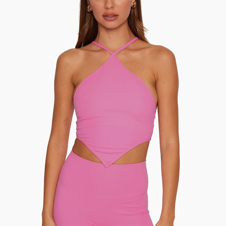 Custom Wholesale Plus Size Reversible High Support Breathable Cross Back Fitness Halter Crop Top Nylon/Cotton Yoga Women's