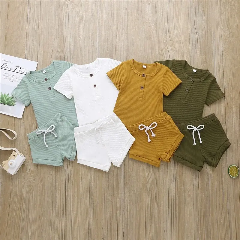 children's summer clothes Knitted cotton shorts short sleeve casual two-piece sets ribbed t shirts Solid Color toddler clothes