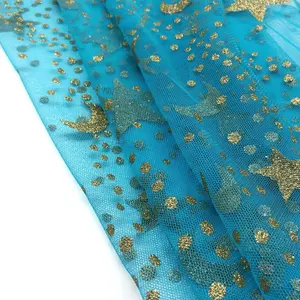 100 polyester Sparkly Glitter Tulle Glitter Mesh Fabric gold bridal fabric Star and moon sequin fabric For children's dress