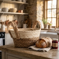 Panier de rangement en corde naturelle beige avec fond noir et poignées, panier tressé à la main, panier gigogne en jonc de mer pour pain et cadeaux