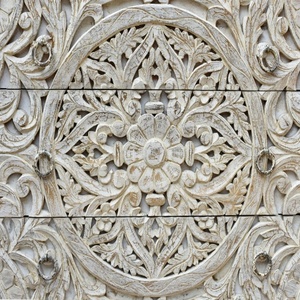 Armoire en bois sculptée à la main |   Meuble de rangement sculpté à motifs floraux blanc antique |   Buffet vintage / Commode d'appoint pour salon - Product Image 4